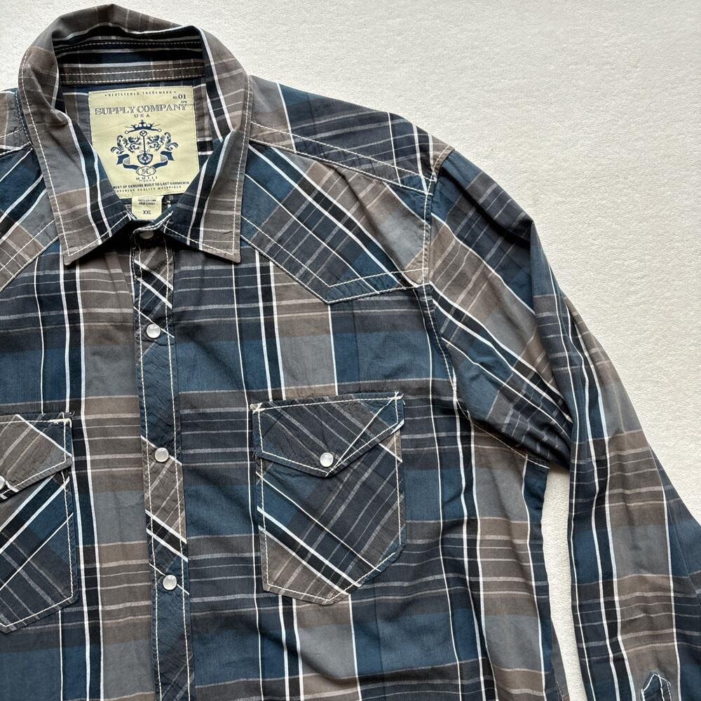Supply Company USA Men XXL Long Sleeve Western Plaid Pearl Snap Rodeo Stitching - Picture 5 of 14